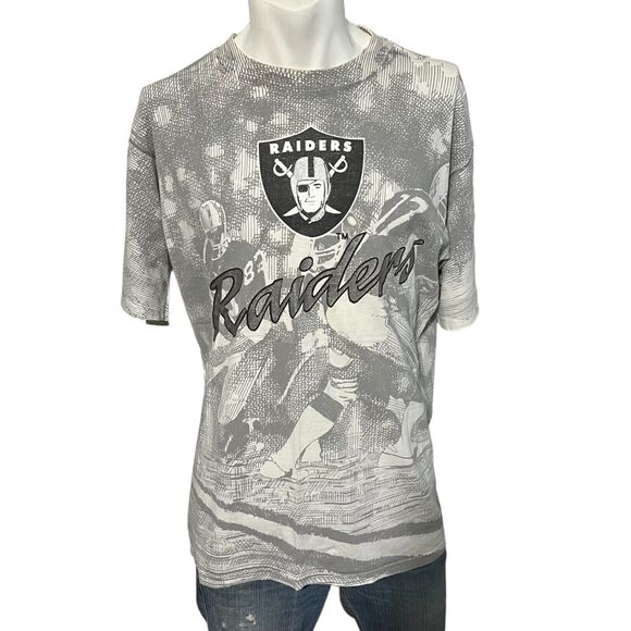 Oakland Raiders 90s AOP All Over Print T Shirt Vintage - Large